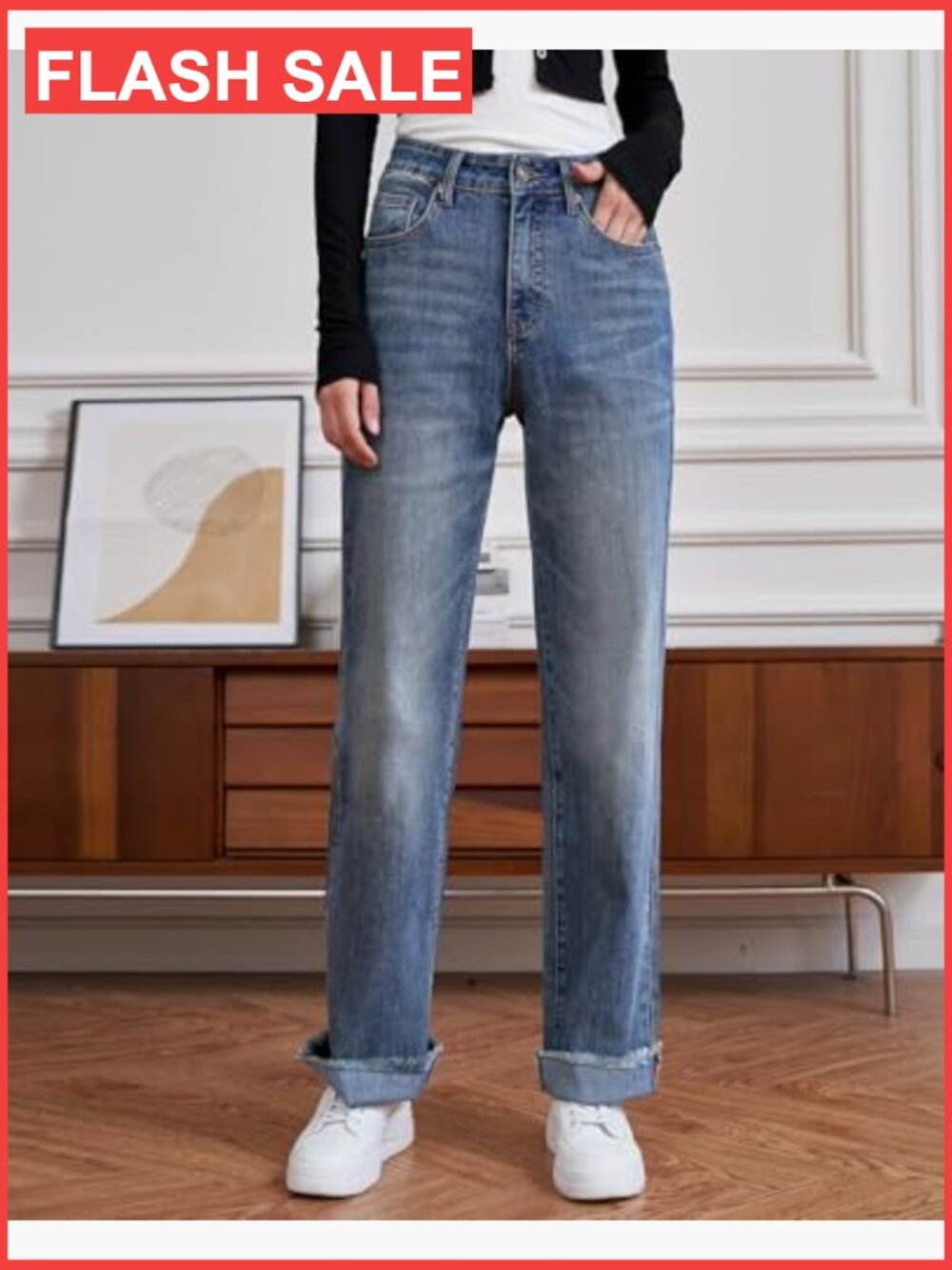 High Waisted Straight Leg Jeans Raw Hem Tummy Control Stretchy Denim - Picture 3 of 7